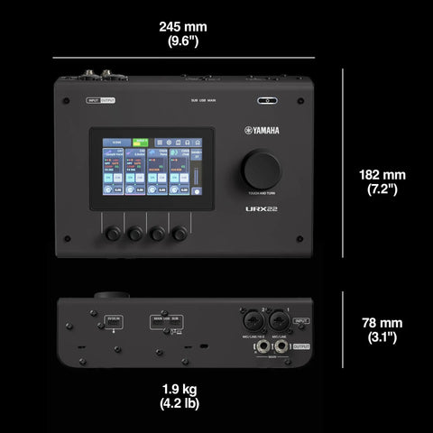 USB-C Audio Interface With 4 In 2 Out, 32-Bit 192 kHz Support, showing dimensions, touchscreen, and ports