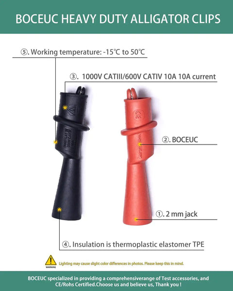 Insulated Alligator Clips For Multimeter With 2mm Probe Tips And Flexible Boots, Nickel Plated Safety Clips
