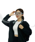 Woman wearing Ultra Lightweight Disposable Safety Glasses Pack Of 12 Featherlight Protective Eyewear With Antifog Lens.