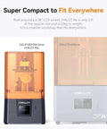 Halot R6 Resin 3D Printer for Kids and Beginners next to larger model, showing compact size and orange UV cover for home projects.
