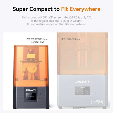 Halot R6 Resin 3D Printer for Kids and Beginners next to larger model, showing compact size and orange UV cover for home projects.