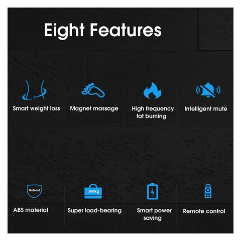 Image showing eight features of the product: smart weight loss, magnet massage, remote control, and more.
