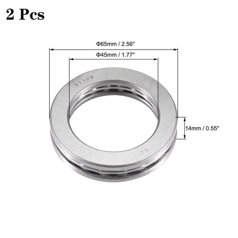 Two thrust ball bearings, 45 mm inner diameter, 65 mm outer diameter, 14 mm thick, bearing steel.