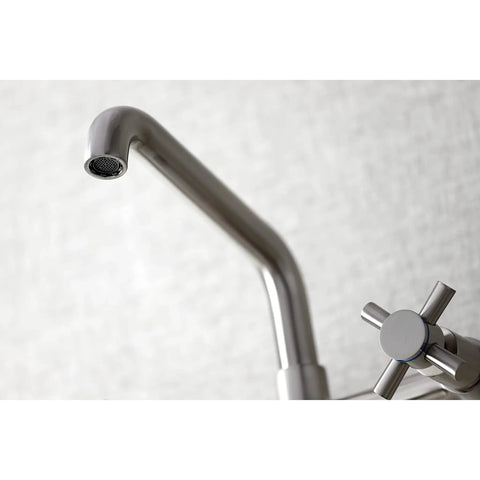 Close-up of spout and handle of No-Drip Two-Handle Wall Mount Kitchen Faucet in Brushed Nickel, Solid Brass, Ceramic Disc Cartridge