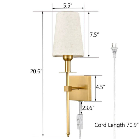 Gold wall sconce with beige fabric shade, dimensions labeled, alternative to Two Pack Farmhouse Modern Black Wall Sconces With Beige Fabric Shades, Plug In Or Hardwired, Slim Square Back Plate, Cozy Ambient Lighting For Bedroom, Hallway, And Bathroom.