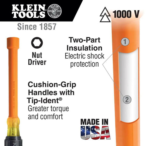 Hella Durable One Quarter Inch Insulated Nut Driver featuring a thick cushion grip handle and two-part insulation, 1000 V protection.