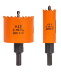Front view of VIKITON door lock hole saw kit: orange HSS bi-metal 54mm (2-1/8 in) and 25mm (1 in) with black shanks