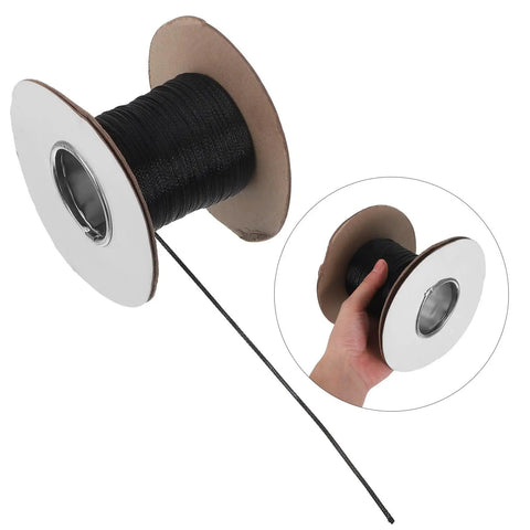 Flame Retardant Braided Cable Sleeve Expandable Mesh Wire Loom Cord Protector on a spool with hand for easy use.