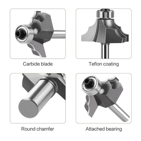 Close-up of Heavy Duty 1/4 Inch And 1/2 Inch Edge Moulding Router Bit for Pro Handrail with carbide blade and Teflon coating.