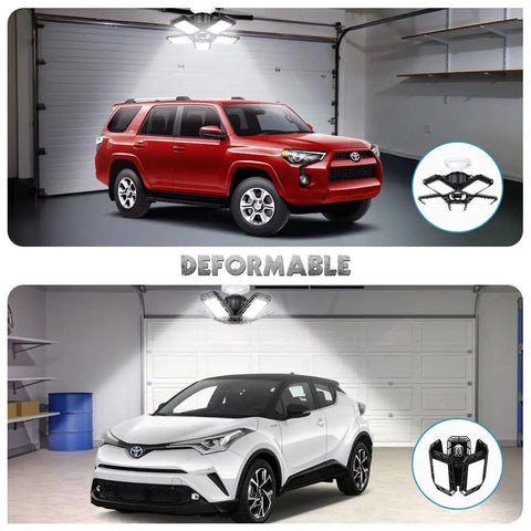 Two Pack LED Garage Light With Six Plus One Deformable Panels 160W 16000LM 6500K Cool White Crazy Bright Ceiling Shop Light For Garage Workshop Basement E26 E27 Socket shown lighting a garage with cars parked underneath.