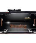 Hunting License Plate Frame With Pivoting Fastener Caps, Matte Black And Orange, Zinc Die Cast Metal Construction, gun scope design