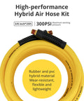 Grip And Go Hybrid Air Hose 3/8 Inch X 25 Feet With Quick Connect Fittings coils showing durable rubber and PVC mix for flexibility.