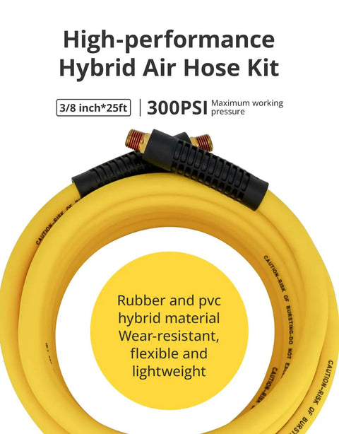 Grip And Go Hybrid Air Hose 3/8 Inch X 25 Feet With Quick Connect Fittings coils showing durable rubber and PVC mix for flexibility.