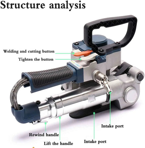Top Rated Handheld Pneumatic Strapping Tool For Industrial Packaging Jobs showing structure analysis with buttons and intake ports.