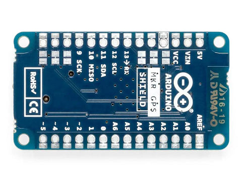 GPS Shield for MKR Boards With U-Blox SAM-M8Q GNSS Module, plug-and-play design, top view showing connector pins and MKR format.