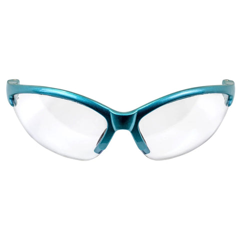 Front view of Cougar Womens Lab Safety Glasses With Turquoise Frames And Clear Lenses, Shatterproof Polycarbonate Lenses Meet Z87.1 ANSI Standards