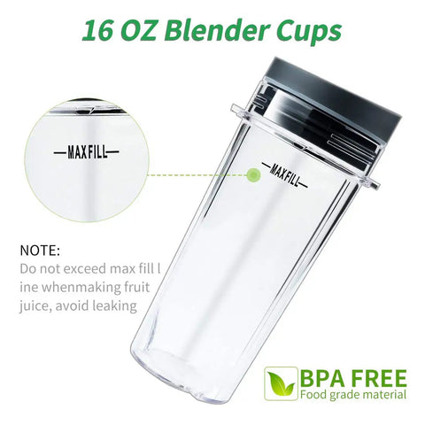 16 oz BPA-free blender cup from 6 Fin Blender Blade Assembly Replacement For BL770 BL780 BL660 With 3.35 Inch Base Includes 2 Pack 16 Oz Cups Food Grade PP And Stainless Steel Crushes Ice And Fruits Smoothies Fast No Fuss Easy Install