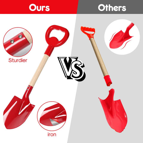 Comparison of Three Piece Metal Beach Shovel Set For Kids, 16 Inch Sand Shovels With Wooden Handles versus a non-sturdy shovel.