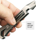 Hand holding EDC Titanium Multitool Pry Bar with Pocket Clip Mighty Bar Packs Wrench, Screwdriver, Nail Puller, Bottle Opener