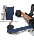 Close-up of Pro Grade Stainless Steel Pipe Belt Sander Polisher With 110V 800W Power Variable Speed showing alumina oxide belts.
