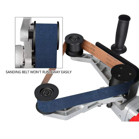 Close-up of Pro Grade Stainless Steel Pipe Belt Sander Polisher With 110V 800W Power Variable Speed showing alumina oxide belts.