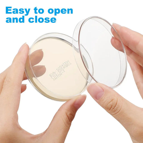 Hands holding Ready To Use Prepoured Sterile Petri Dishes 70mm With Nutrient Agar And Lids Individually Wrapped For Mold Testing
