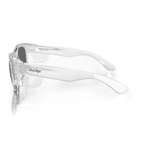 Side view of Top Shelf Clear Frame Polarized Safety Glasses Osha Approved Ansi Z87 Plus Certified Anti Scratch Polycarbonate Eye Shield Uv400 Sun Protection Fly Protective Eyewear Grind.