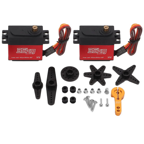 Two Badass High Torque Coreless Motor Servos with 35kg rating, aluminum housing, cables, and mounting accessories for RC vehicles.