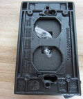 12-In-1 Universal Weatherproof Metal Flip Cover for 1-Gang Outlets showing back view with mounting holes and screw details.