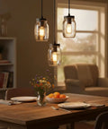Industrial Mason Jar Pendant Lights for Kitchen Island over dining table, modern farmhouse style with adjustable 3-light glass hanging lamps