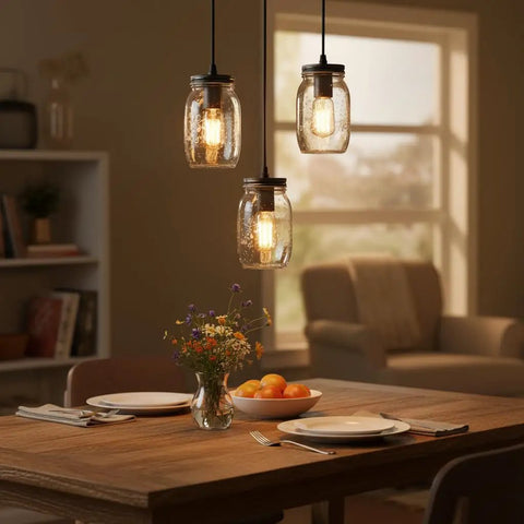 Industrial Mason Jar Pendant Lights for Kitchen Island over dining table, modern farmhouse style with adjustable 3-light glass hanging lamps