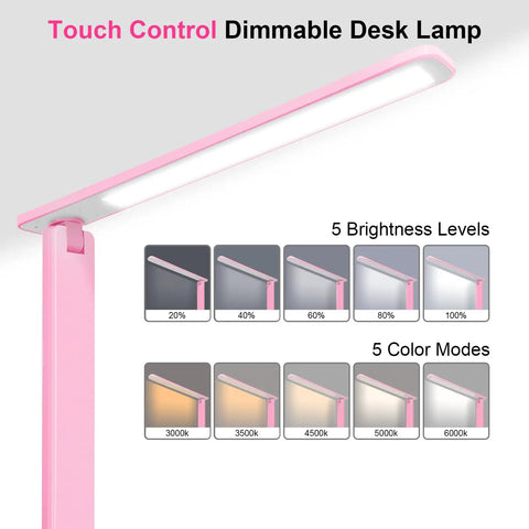 Deep Black First-Generation LED Desk Lamp With USB Port, Dimmable Table Light, 52 Eye-Friendly LEDs, 5 Lighting Modes, Pink Model