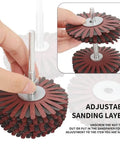 Hand adjusting 7 Pack Mounted Flap Wheel Set for Sanding and Polishing Wood and Metal Grit 80 to 400, showing mop wheel layers.
