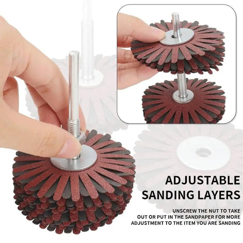 Hand adjusting 7 Pack Mounted Flap Wheel Set for Sanding and Polishing Wood and Metal Grit 80 to 400, showing mop wheel layers.
