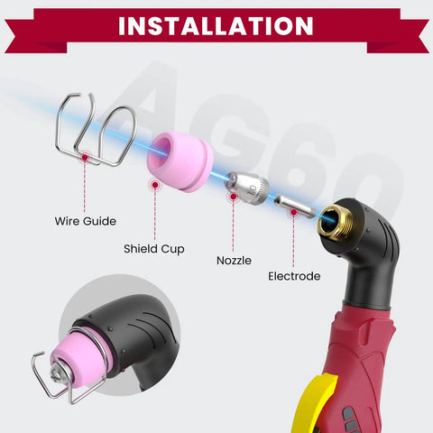 Installation of All-In-One Pro-Grade Plasma Cutter Consumables Kit with wire guide, shield cup, nozzle, electrode for AG60P torch