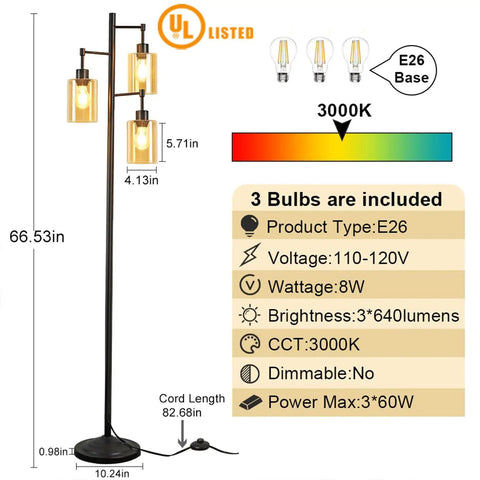 Industrial Tree Floor Lamp With 3 Amber Glass Shades Rustic Tall Standing LED Lamp For Living Room Bedroom Or Office Warm 360 Degree Lighting E26 Base Bulbs Included 67 Inches Tall