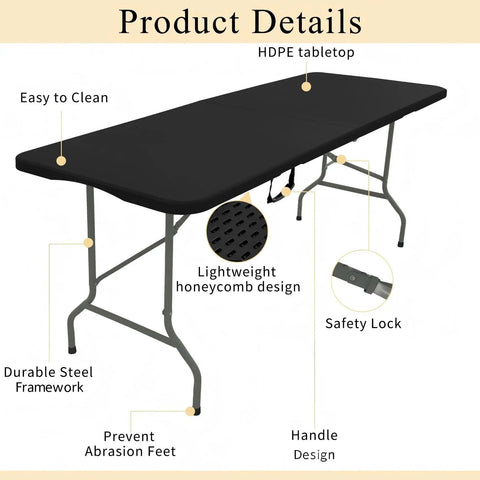 Portable 60 Inch Folding Table With Steel Legs Black Lightweight For Indoor Outdoor Parties Weddings Dining And Events Carries Handle Easy Setup Fits Up To Six People Go To Choice For Any Occasion with detailed features