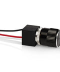 Slick 12 Volt Dc Dimmer Switch For Tight Led And Halogen Control In Rvs Trucks And Marine Gear With Rock Solid Long Shaft Assembly and Easy No Fuss Brightness Tuning In Classic Black, showing the smooth control dial and mounted wiring.