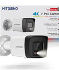 4MP Mini Bullet PoE IP Camera Outdoor With Strobe Light And Audible Alarm, box and mounted camera in front view