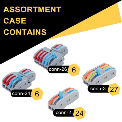 Assortment of 63-Piece Lever Wire Connector Kit For Home Wiring And Lighting with various connector types and quantities shown