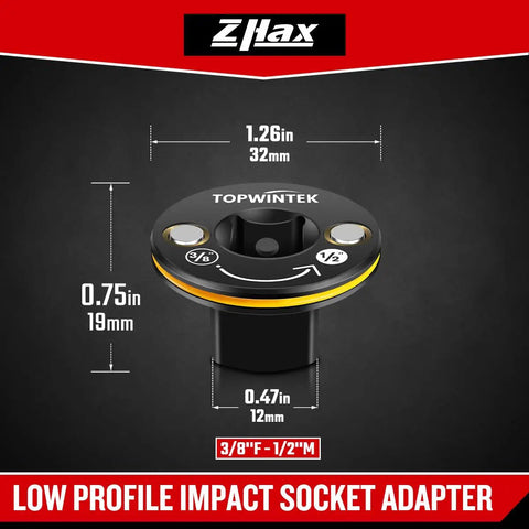 Low Profile Three Eighths Inch Female To One Half Inch Male Impact Socket Adapter For Tight Spaces Converts Impact Driver To Wrench Durable CR MO Steel With Black Phosphated Finish