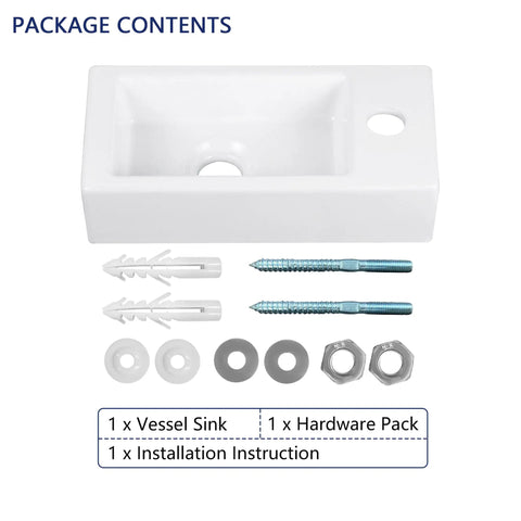 Wall Mounted Bathroom Sink 15x7 Inch Small Ceramic Rectangular Vessel Basin With Right Hand Faucet Hole Space Saving White Package Contents