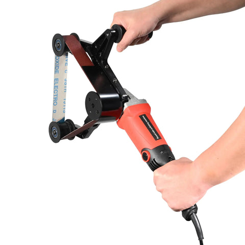 Hand holding Top Shelf Heavy Duty Pipe And Tube Polisher With Fifty Sanding Belts 800W Variable Speed Motor, perfect for rust removal.