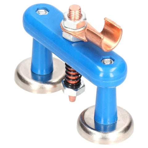 Heavy Duty Welding Support Clamp With Adjustable Spring And Strong Suction Holds Metal Grounding Steady For Aluminum Alloy And Red Copper Tools That Make Your Jobs A Breeze, blue and silver design with magnetic base.