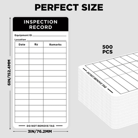 500 Count Black 6x3 Inch Self Adhesive Inspection Stickers for equipment maintenance, showing stack and label design