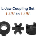 L-jaw coupling set with Buna-N rubber spider and two black hubs; 1-1/8 in shaft size.