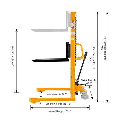 Industrial Grade 1100 Lb Hand Pallet Stacker With Adjustable Straddle Legs And A Sixty Three Inch Max Lift Height Built On A Tough Welded Steel Frame Equipped With A Wire Safety Guard For Zero Sweat Warehouse Jobs That Really Are A Badass Workhorse