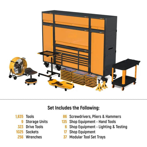 Megamod 1858 Piece Mechanics Tool Set With Premium Modular Foam Trays and tool storage units for garage and shop projects.