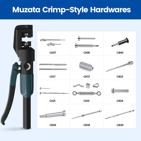 Beefed Up Hydraulic Crimping Tool With 9 Dies For One Eighth Inch Stainless Steel Cable Railing Kit shown with various hardware options.