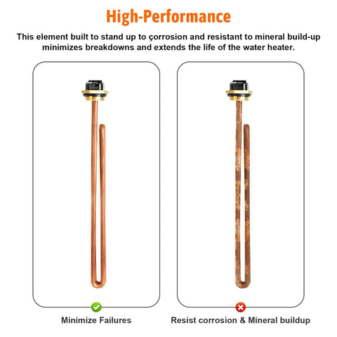 9KW 240V Tankless Water Heater Heating Element Replacement with new rubber ring, copper design comparison showing corrosion resistance